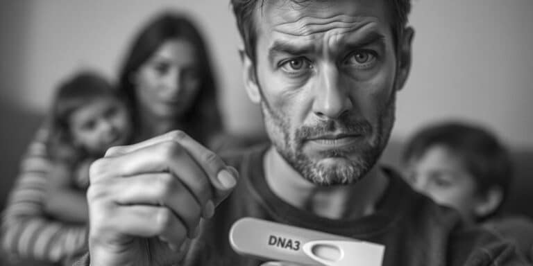 A concerned man holds a test marked "DNA3" close to the camera, pondering if he can get a DNA test without the mother's consent. In the blurred background, a woman and two children are visible, suggesting a family setting. The focus is on the man's expression and the test.