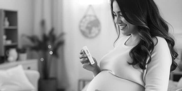 A pregnant woman smiles while holding a thermometer in her cozy living room, contemplating prenatal DNA testing prices. She wears a light-colored shirt and has long hair. In the background, a plant, couch, and round wall decoration add charm to the scene.