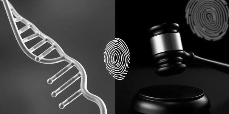 A split image features a DNA strand and fingerprint on the left, and a judge's gavel with a fingerprint on the right, highlighting Legal vs. Non-Legal DNA Testing at the crossroads of genetics, forensics, and law in striking black and white.