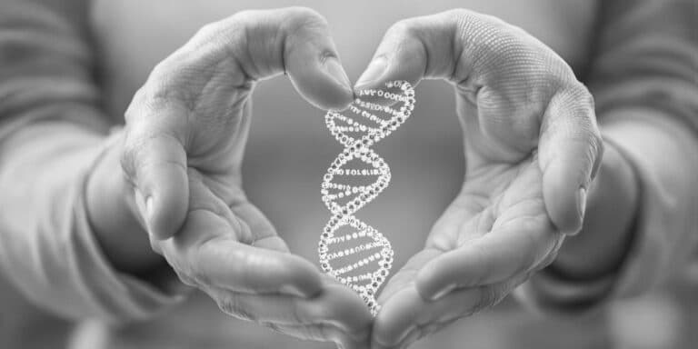 Two hands form a heart shape around a glowing DNA double helix, symbolizing the connection between genetics and care. The black and white image subtly reflects the importance of Legal Paternity DNA Testing in confirming family bonds.