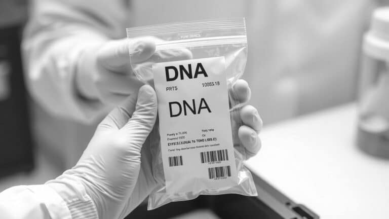 A person wearing gloves hands a clear plastic bag labeled "DNA" to another gloved individual in a laboratory, highlighting the importance of understanding the chain of custody. A barcode and printed details are visible on the bag.