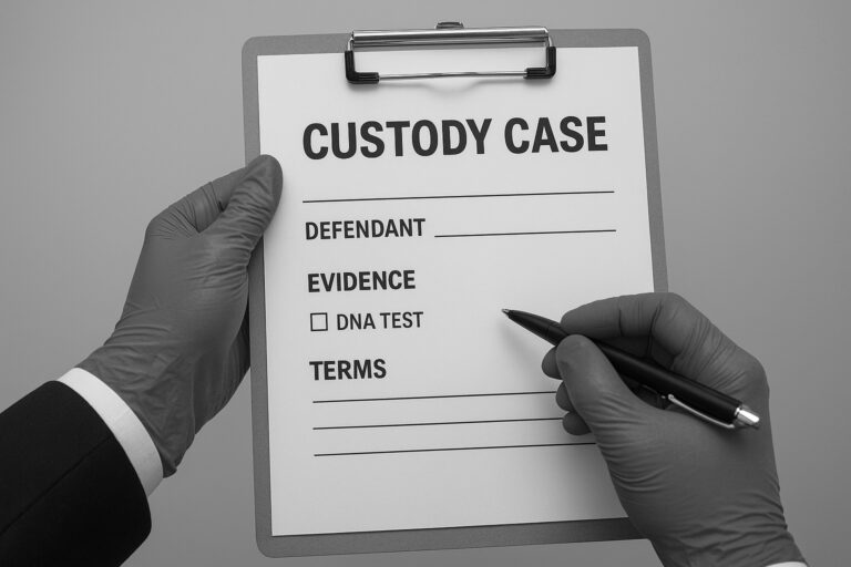 DNA helix and gavel in a courtroom.